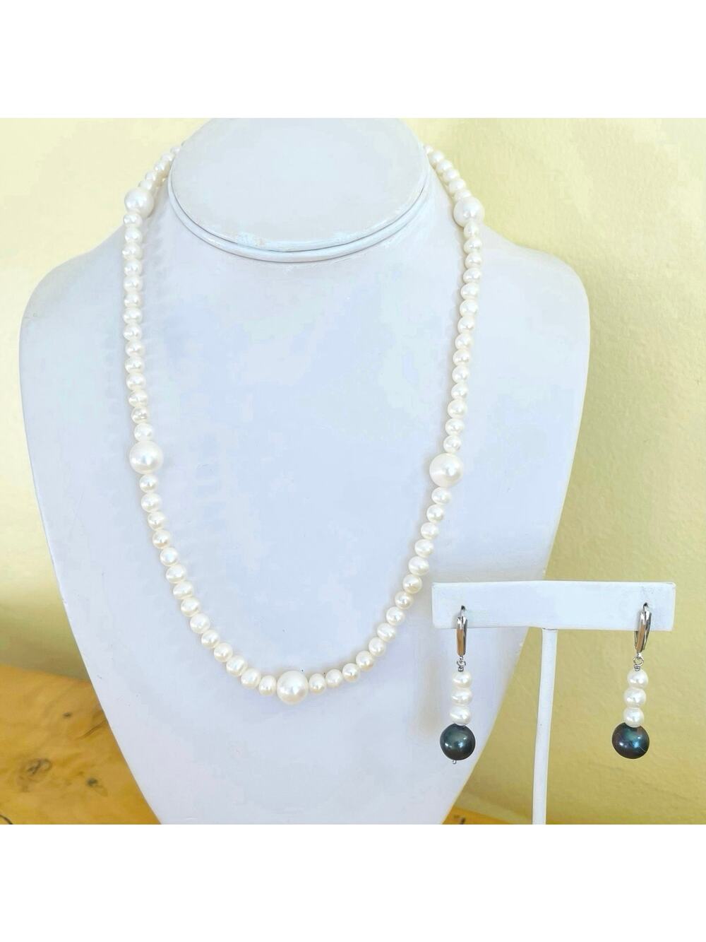 Vtg Pearl Station Sterling Silver Necklace Earrings Set Freshwater Cultured